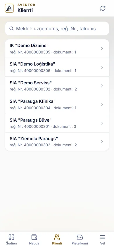 Klienti telefonā ar meklēšanu pēc firmas, reģ. Nr. vai tālruņa