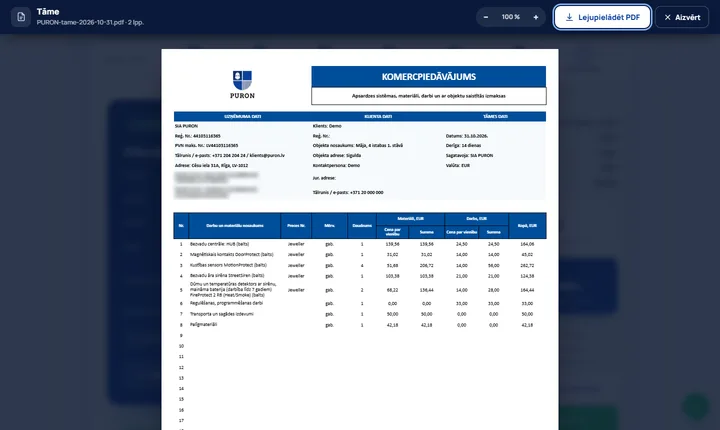 Смета PDF в окне просмотра; банковские реквизиты размыты