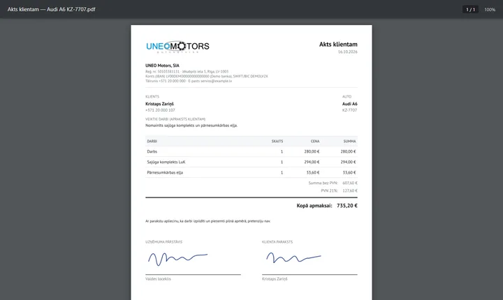 Акт клиенту в PDF с PVN и двумя подписями